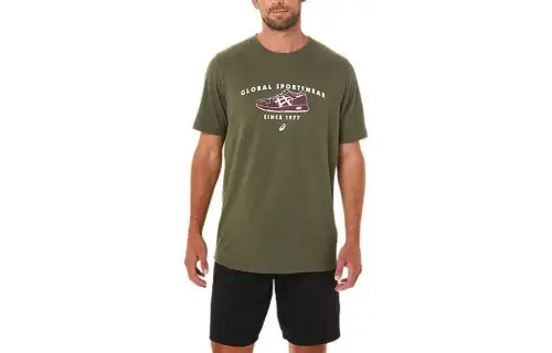ASICS T Shirts Unisex Olive Crew Neck Moderate Straight Fit