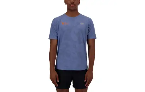 New Balance Q Speed T Shirts Men's Blue Crew Neck Moderate Straight Fit