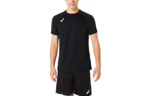 ASICS Dry Print T Shirts Men's Black Crew Neck Moderate Straight Fit