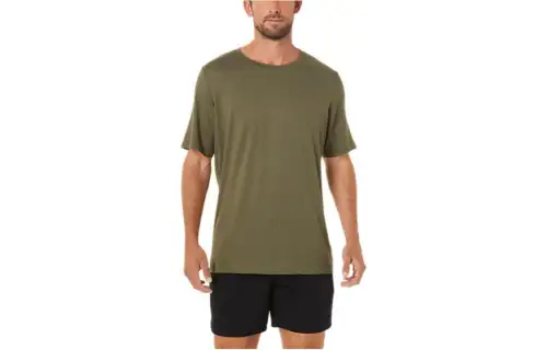 ASICS HTHR TECH TOP T Shirts Men's Olive Green Crew Neck Moderate Straight Fit