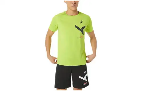 ASICS T Shirts Men's Green Crew Neck Moderate Straight Fit