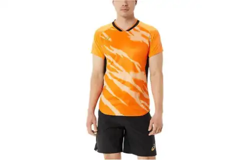 ASICS Dry Eagle Line T Shirts Unisex Orange V Neck Moderate Straight Fit