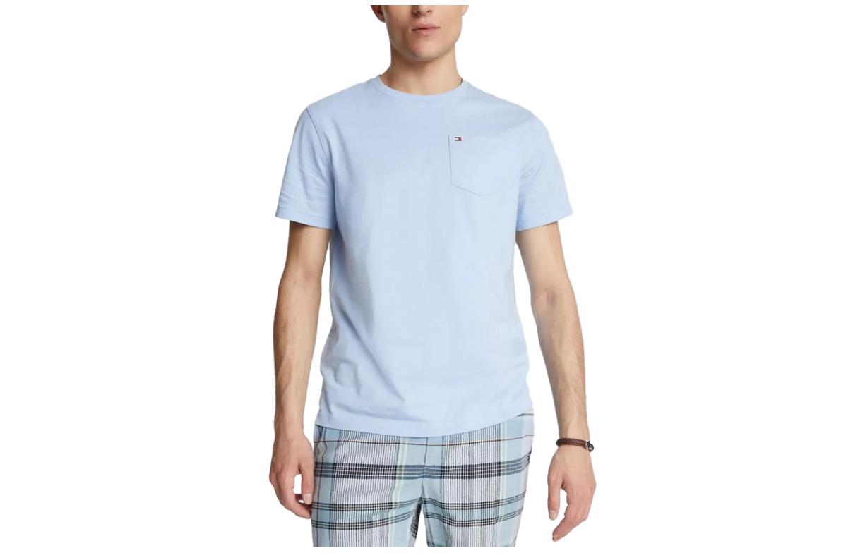 Tommy Hilfiger FW23 Solid Pocket T-Shirt Tops Solid color round neck pullover short-sleeved T-shirt, men's blue