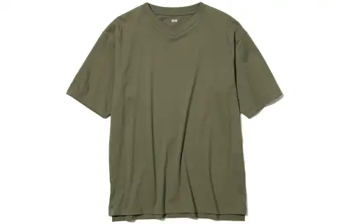 UNIQLO T Shirts Unisex Dark Olive V Neck Moderate