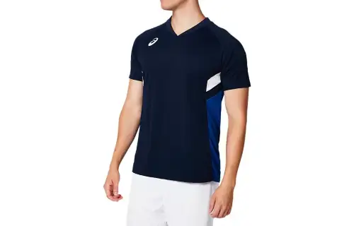 ASICS T Shirts Unisex Blue V Neck Moderate Straight Fit
