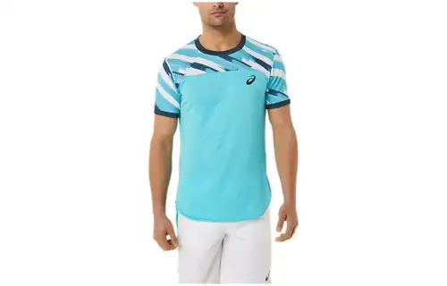 ASICS Dry Graphic T Shirts Men's Light Blue Crew Neck Moderate Straight Fit