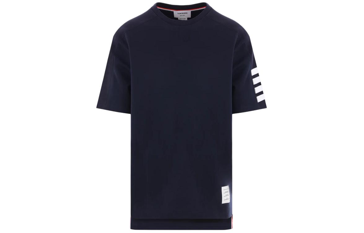 THOM BROWNE Classic navy short sleeve T-shirt with a round collar, loose straight fit