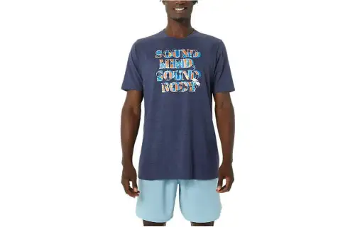 ASICS HIBISCUS SLOGAN T Shirts Men's Navy Blue Crew Neck Moderate Other