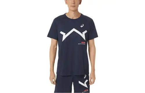 ASICS T Shirts Men's Dark Blue Crew Neck Moderate Other