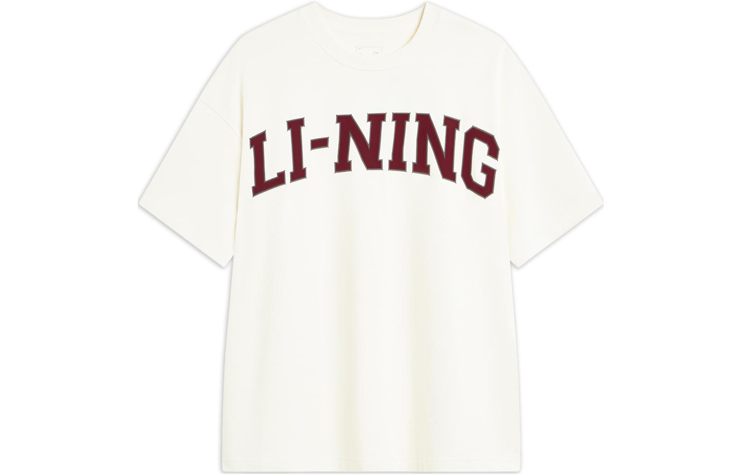 Li Ning, retro beige short sleeve T-shirt with a round collar for leisure for men and women, American style, loose fit