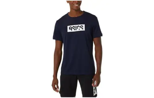 ASICS T Shirts Men's Dark Blue Crew Neck Moderate Other