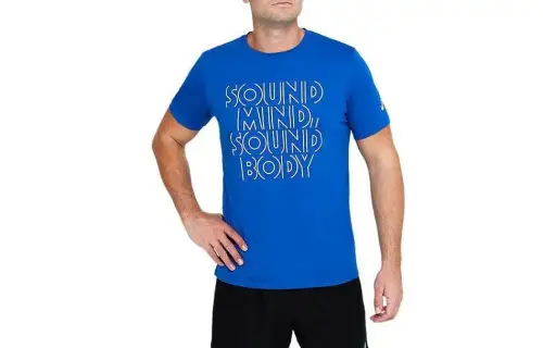 ASICS Dry Heritage Font Graphic T Shirts Men's Blue Crew Neck Moderate Straight Fit