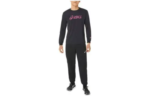 ASICS Buttoned T Shirts Men's Black Crew Neck Moderate Straight Fit