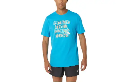 ASICS HIBISCUS SLOGA T Shirts Men's Blue Crew Neck Moderate Straight Fit