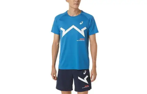 ASICS T Shirts Men's Blue Crew Neck Moderate Other