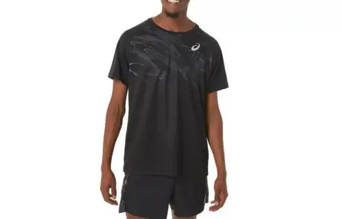 ASICS Graphic Dry T Shirts Men's Black Crew Neck Moderate Straight Fit
