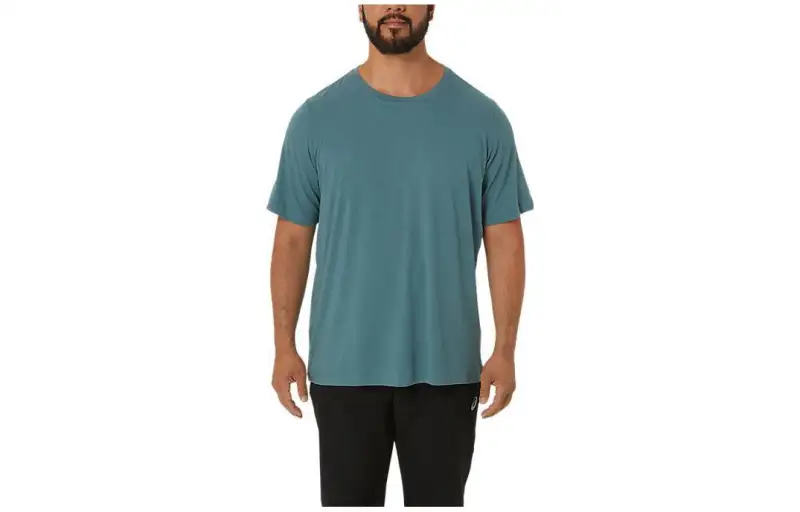 ASICS HTHR TECH T Shirts Men's Teal Crew Neck Moderate Straight Fit