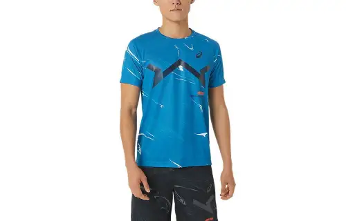 ASICS AIM Dry T Shirts Men's Blue Crew Neck Moderate Straight Fit