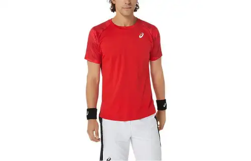 ASICS T Shirts Men's Red Crew Neck Moderate Straight Fit
