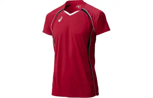 ASICS HS T Shirts Unisex Red V Neck Moderate Straight Fit