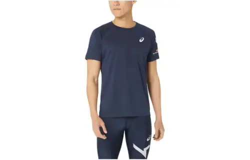 ASICS A I M DRY T Shirts Men's Marine Blue Crew Neck Moderate Straight Fit