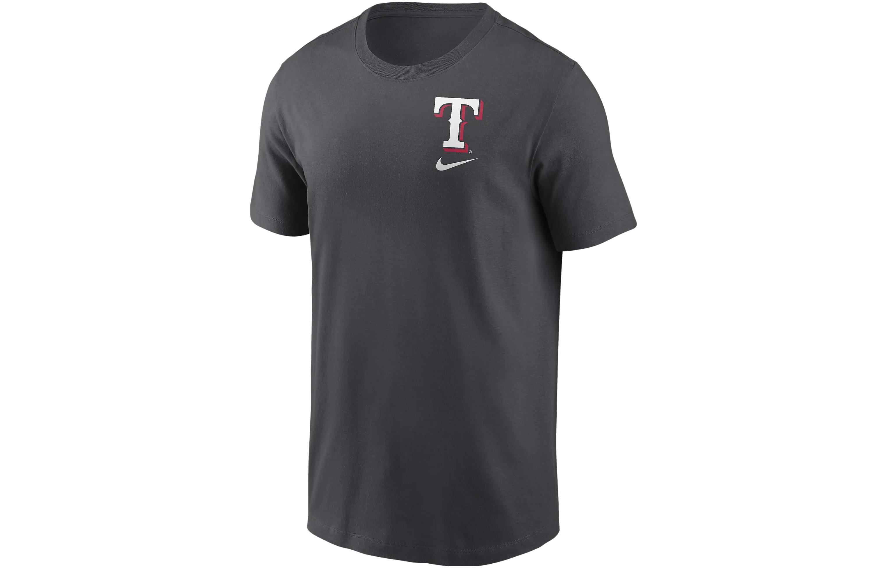 Nike X MLB joint model Texas Rangers Logo Sketch Bar Texas Rangers letter printed round neck short-sleeved T-shirt men's charcoal gray