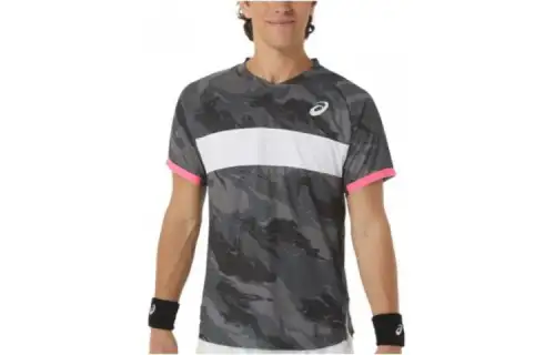 ASICS MATCH GRAPHIC SS TOP T Shirts Men's Gray V Neck Moderate Straight Fit