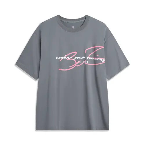 LiNing Wade series letter loose round neck short-sleeved T-shirt men's shadow gray