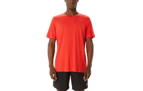 ASICS HTHR TECH T Shirts Men's Red Crew Neck Moderate Straight Fit