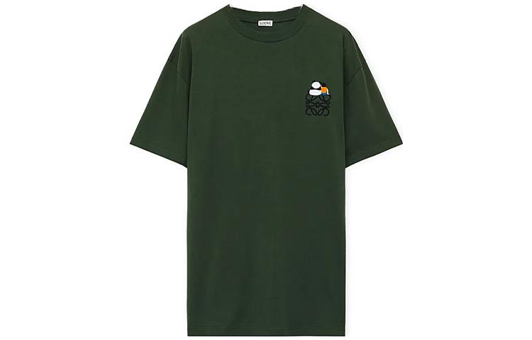 LOEWE Loewe SS24 x Suna Fujita series panda pattern embroidered round neck loose short-sleeved T-shirt for men, military green