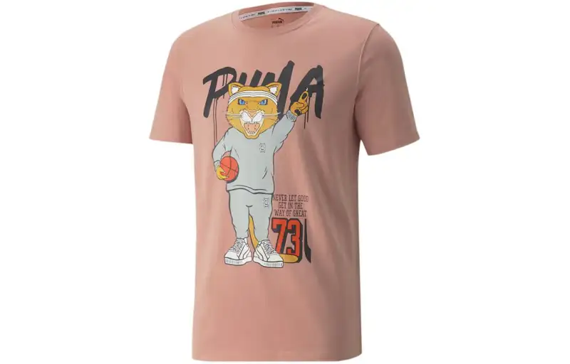 PUMA T Shirts Men's Pink Crew Neck Moderate Straight Fit