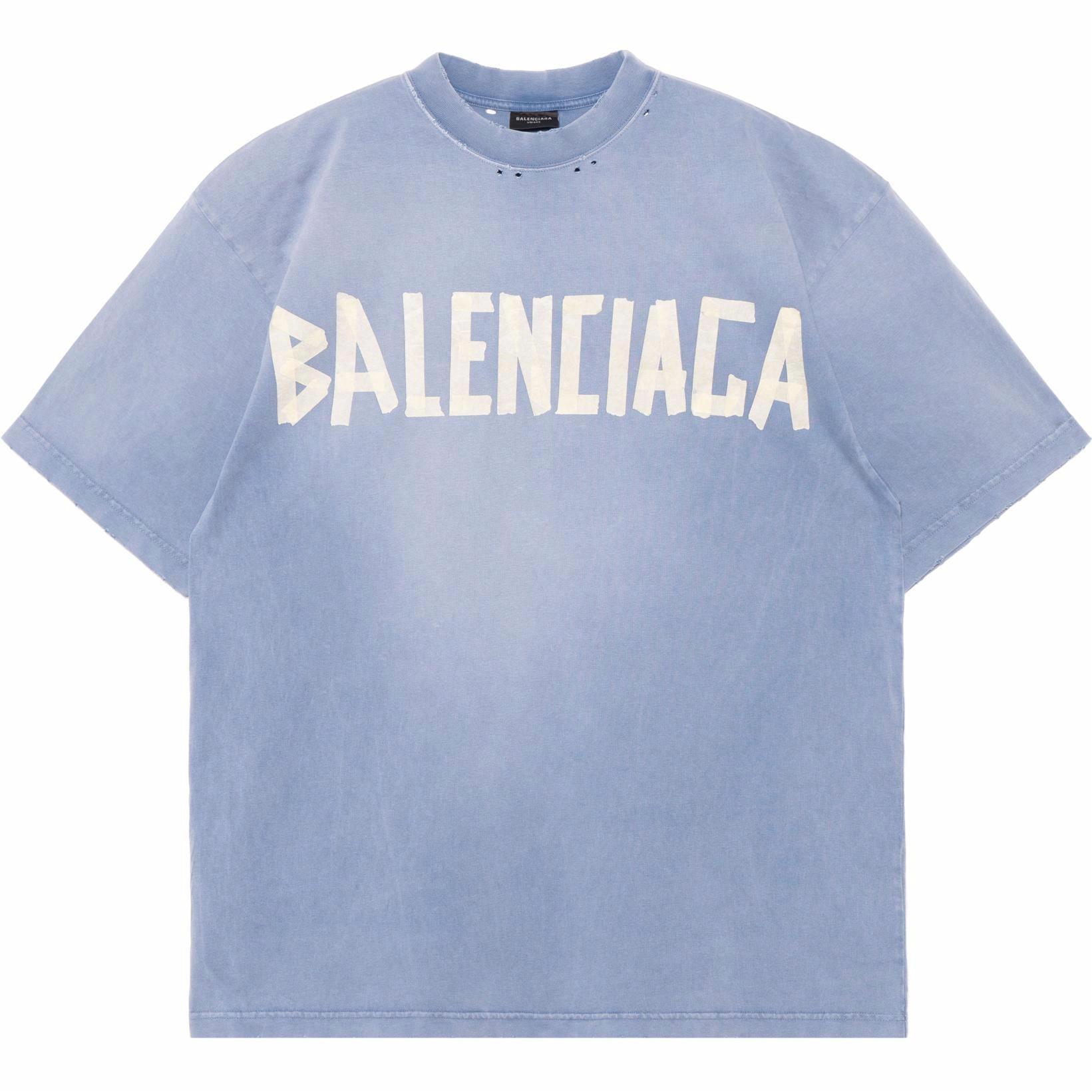 Мужская футболка Balenciaga Tape Type T-Shirt Medium Fit In Faded logo (синяя)