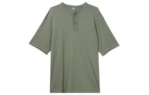 UNIQLO T Shirts Unisex Olive Henry Collar Moderate