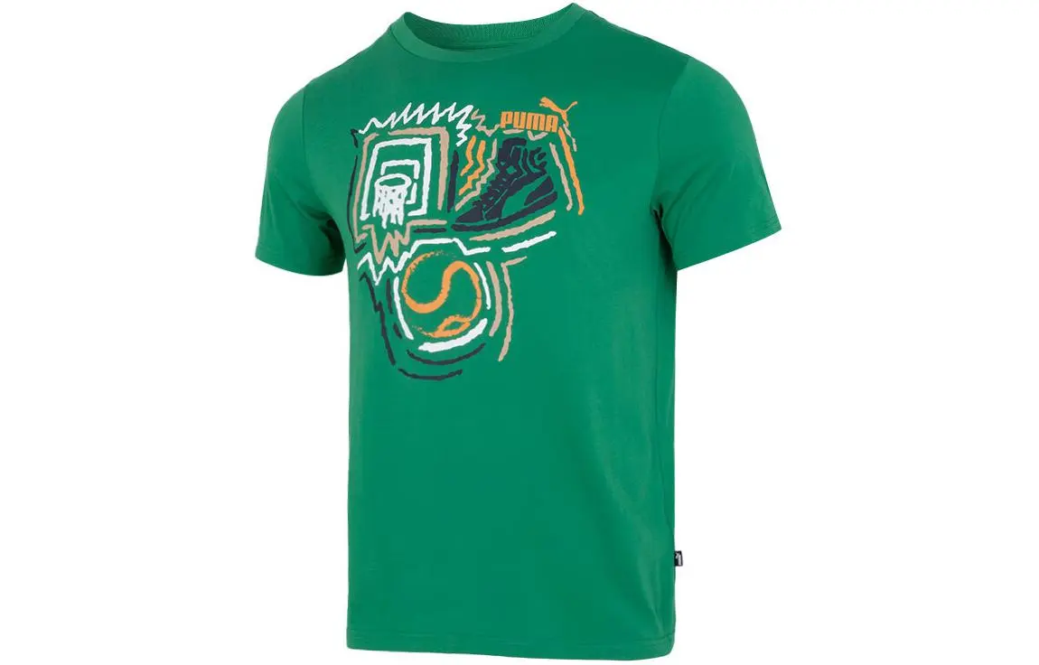 PUMA T-Shirts Men's Green Crew Neck Moderate Straight Fit