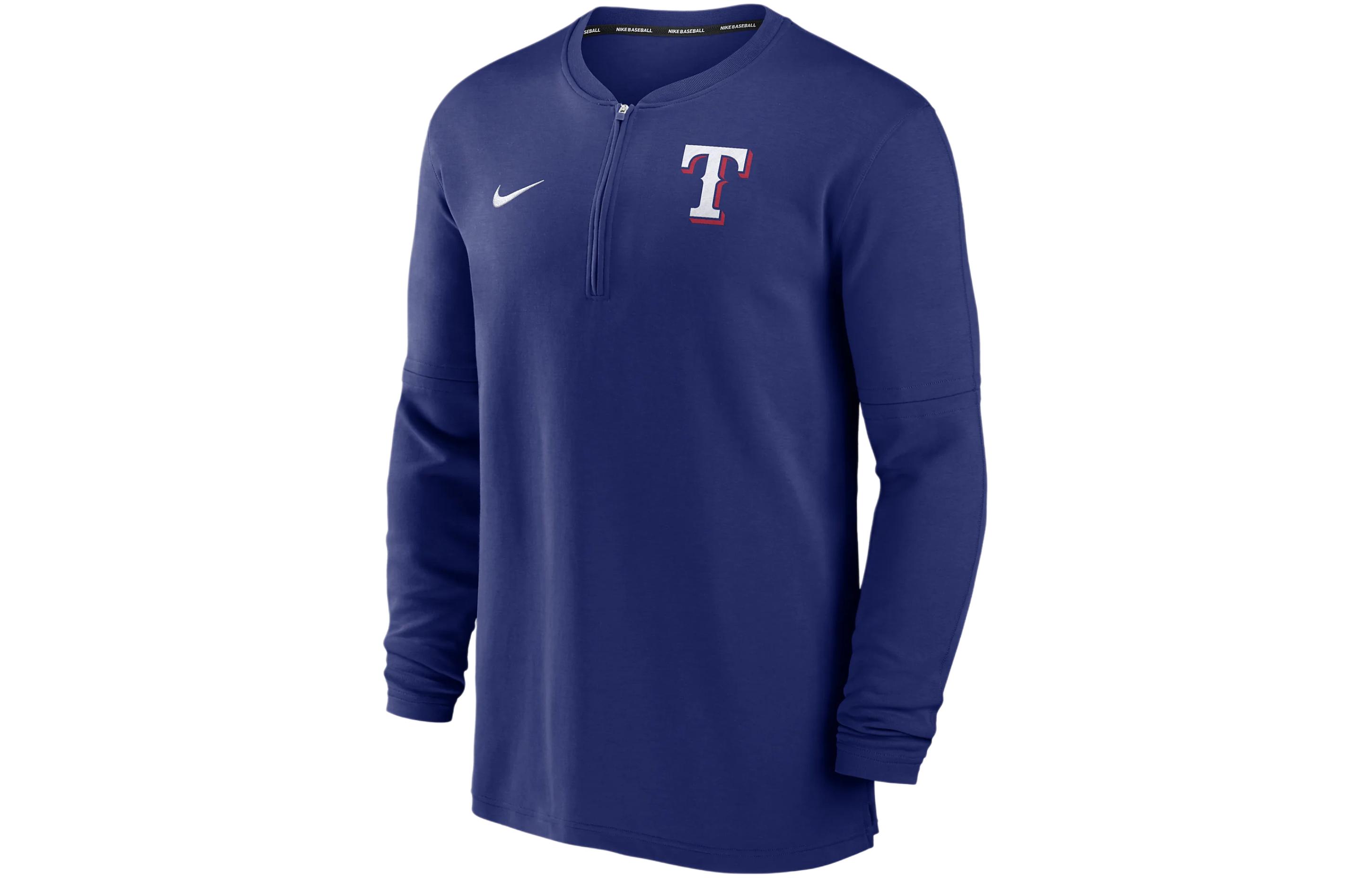 Nike Texas Rangers Authentic Collection Game Time Printed Letters Round Neck Half-Zip Long Sleeve T-Shirt Texas Rangers Men's Blue