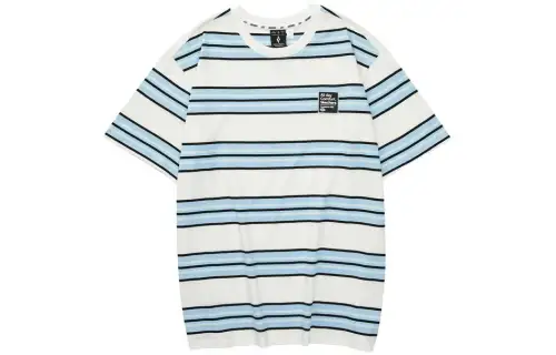 Skechers T Shirt Unisex White Base Blue Mixed Stripes