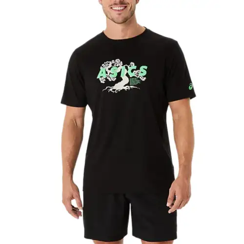ASICS T Shirts Men's Black Crew Neck Moderate Straight Fit