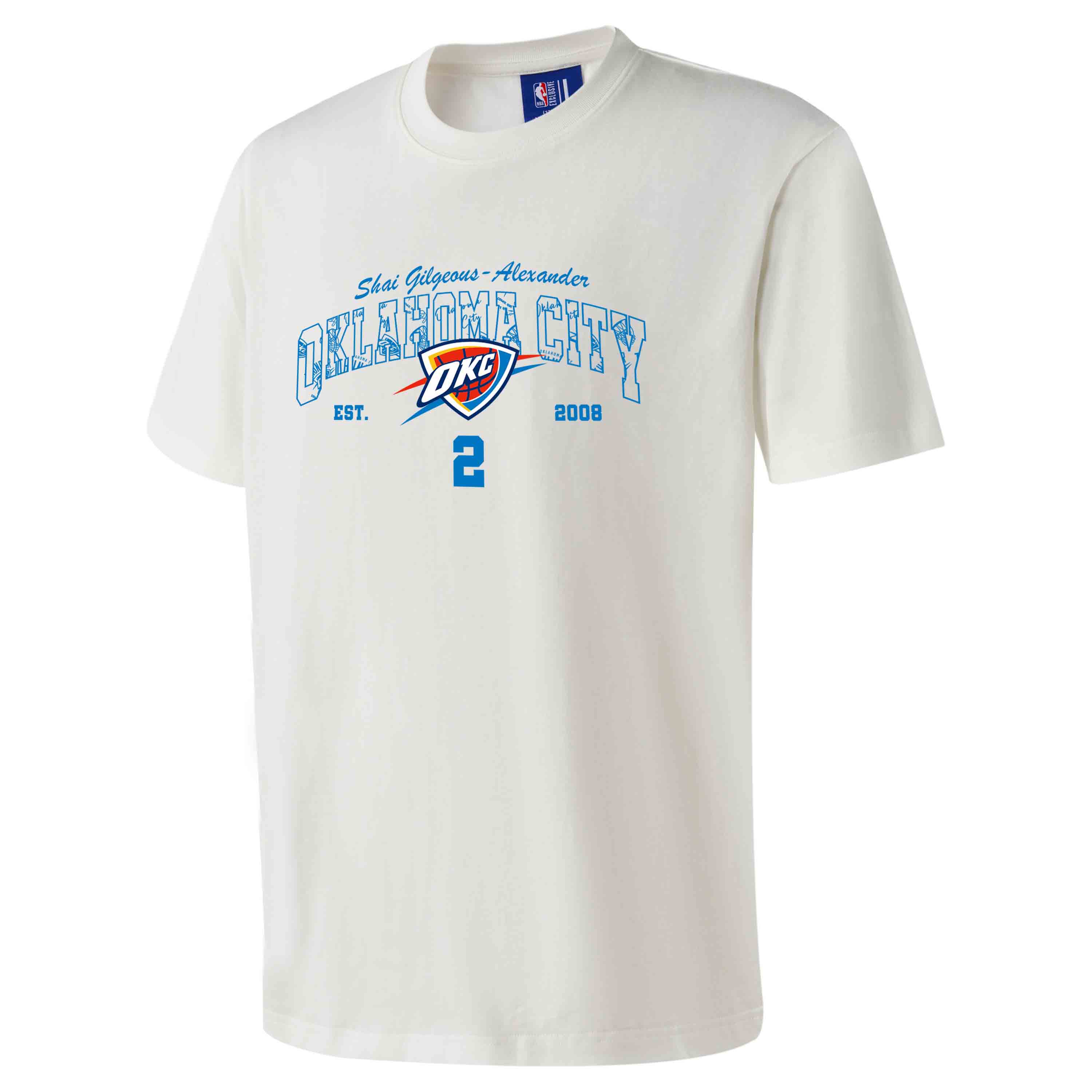 NBA Player Number Series Oklahoma City Thunder Shai Gilgeous-Alexander No. 2 Alphanumeric Printed Casual Round Neck Short-Sleeved T-shirt Uniform for Men and Women White