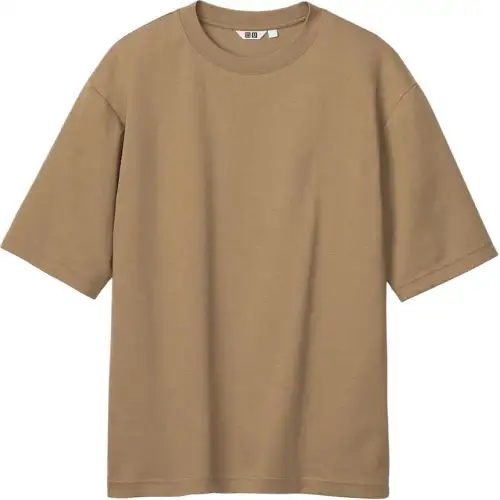 UNIQLO T Shirts Men's Khaki Crew Neck Moderate Straight Fit
