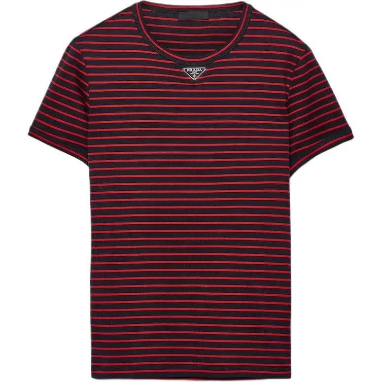 PRADA Triangle Logo Striped Crewneck T-Shirt