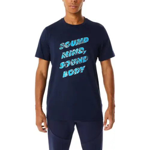 ASICS T Shirts Men's Dark Blue Crew Neck Moderate Straight Fit