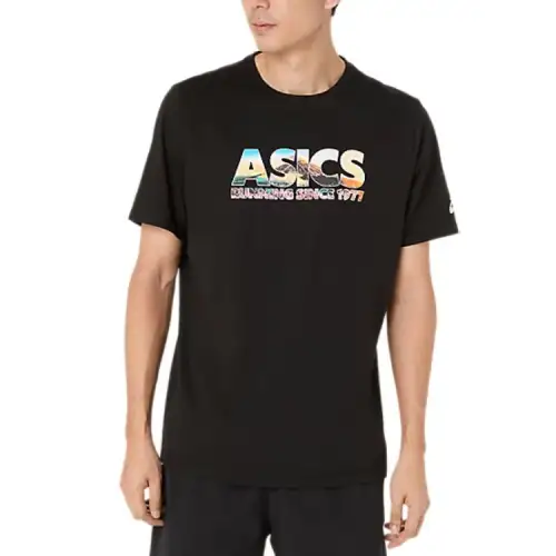 ASICS T Shirts Men's Black Crew Neck Thin Straight Fit