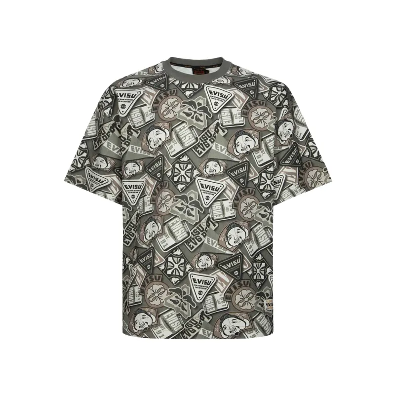 EVISU T Shirts Men's Army Green All Over Crew Neck Moderate Straight Fit