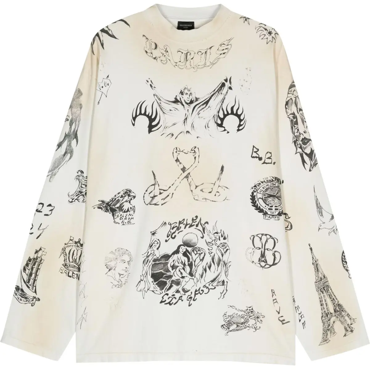 Balenciaga Tat Long Sleeve T Shirt Oversized T Shirt, Loose Fit Unisex Gray White