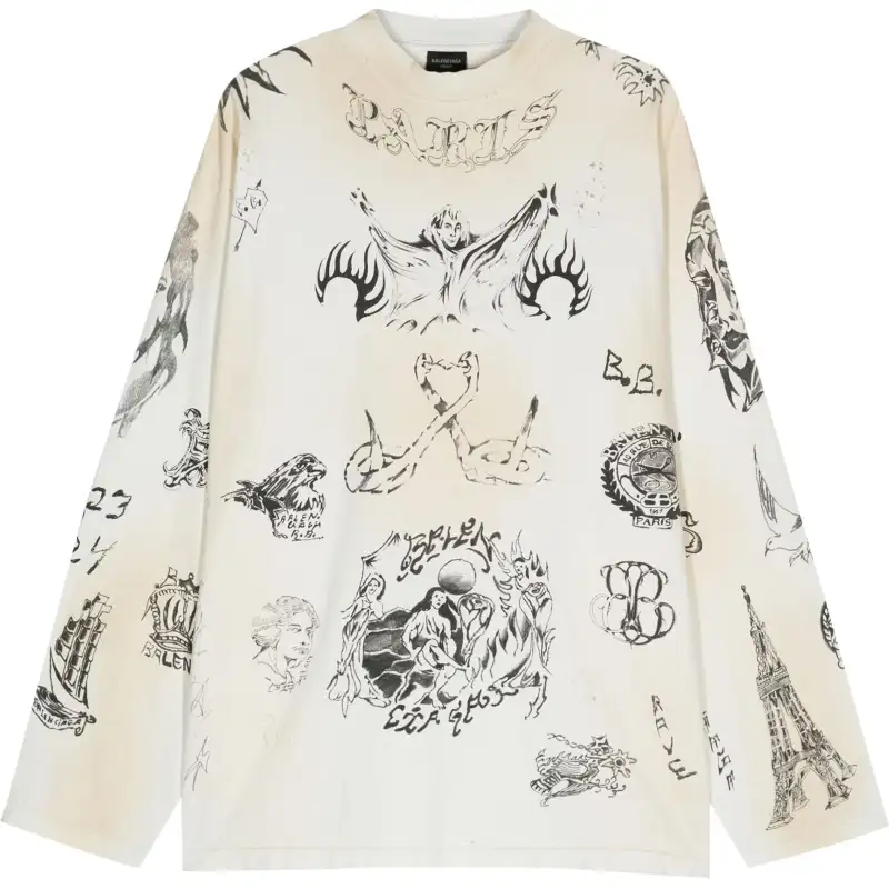 Balenciaga Tat Long Sleeve T Shirt Oversized T Shirt, Loose Fit Unisex Gray White