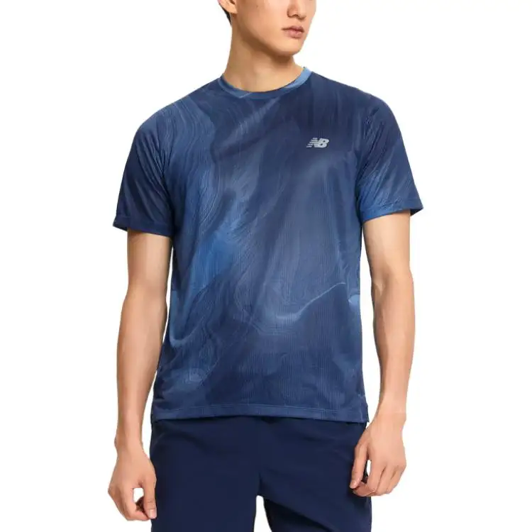 New Balance T Shirts Men's Blue Crew Neck Moderate Straight Fit