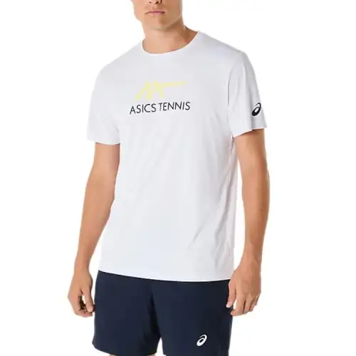 Asics COURT GRAPHIC T Shirt Men's Bright White/Mixed Color Yellow