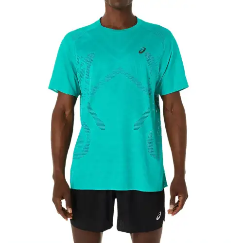 ASICS T Shirts Men's Turquoise Crew Neck Moderate Straight Fit