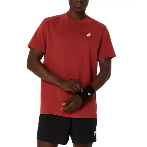 ASICS T Shirts Men's Red Crew Neck Moderate Straight Fit