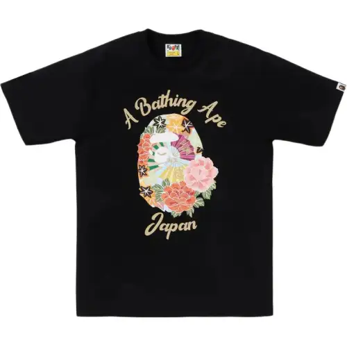 BAPE SS25 Japanese souvenir series peony flower ape man print round neck short-sleeved T-shirt for men and women.